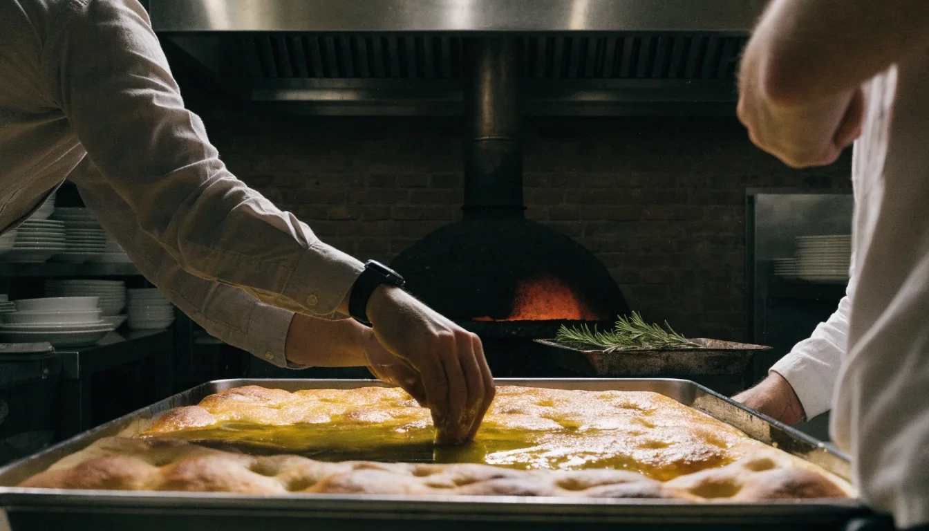 Fresh focaccia bread in a coal-fired pizzeria kitchen