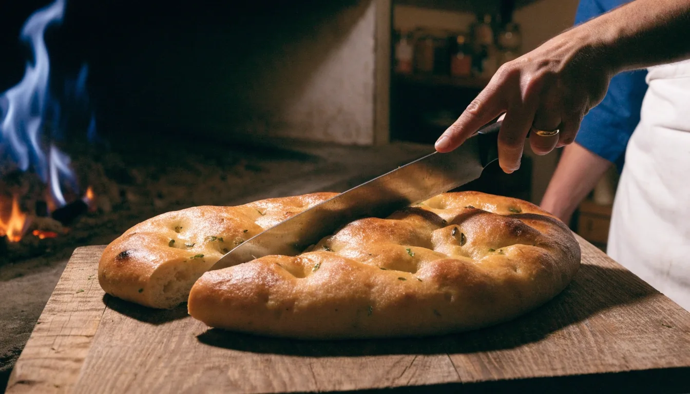 Pizza going into a coal oven with a wooden peel