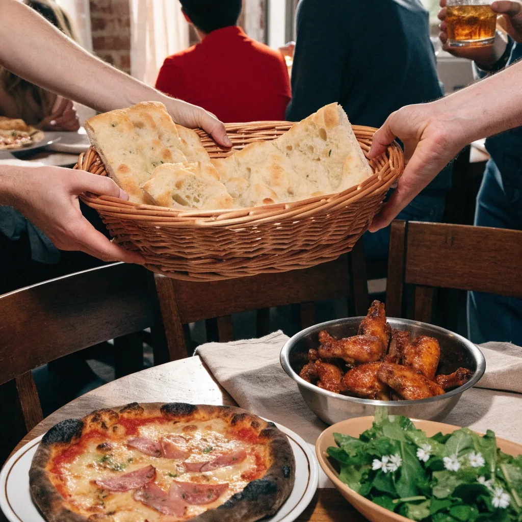 Shared pizza, wings and salad on a restaurant table