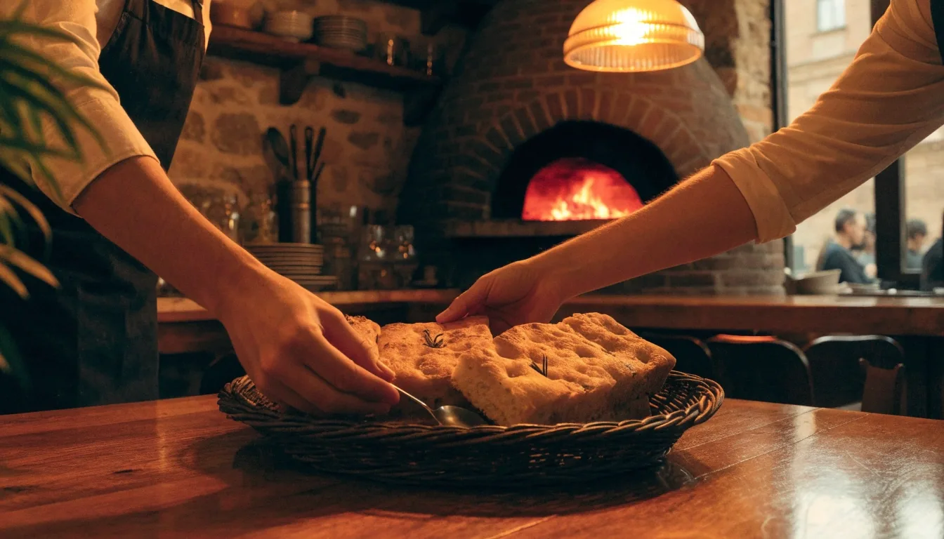 Warm dining room of a coal-fired pizzeria at dusk