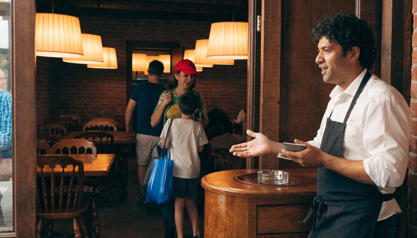 Dining room inside an Anthony's Coal Fired Pizza restaurant with guests being welcomed