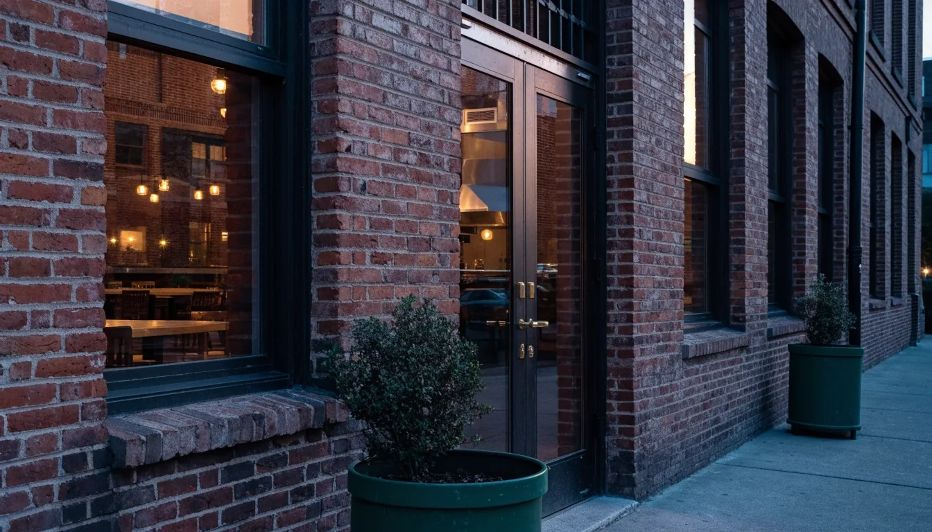 Neighborhood restaurant building with warm windows at dusk