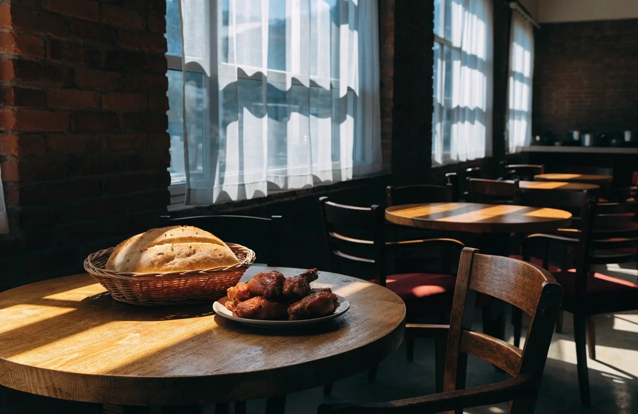 Set tables with focaccia and roasted wings during lunch service