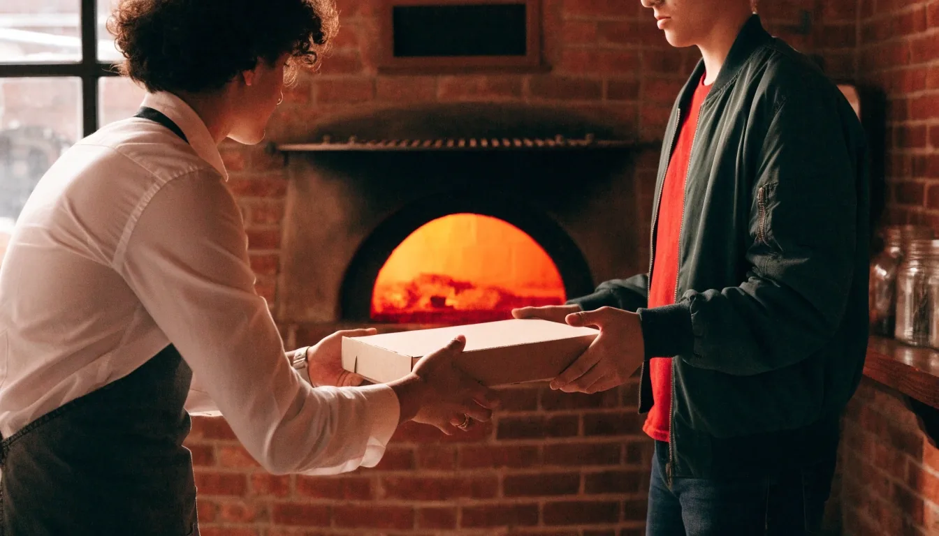 Staff handing a takeout pizza box to a guest at the counter