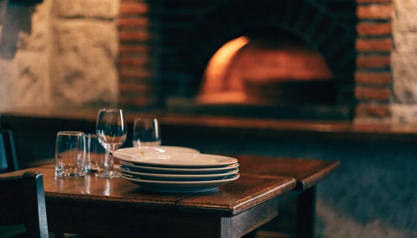 Dining room of a coal-fired pizza restaurant with tables and oven glow