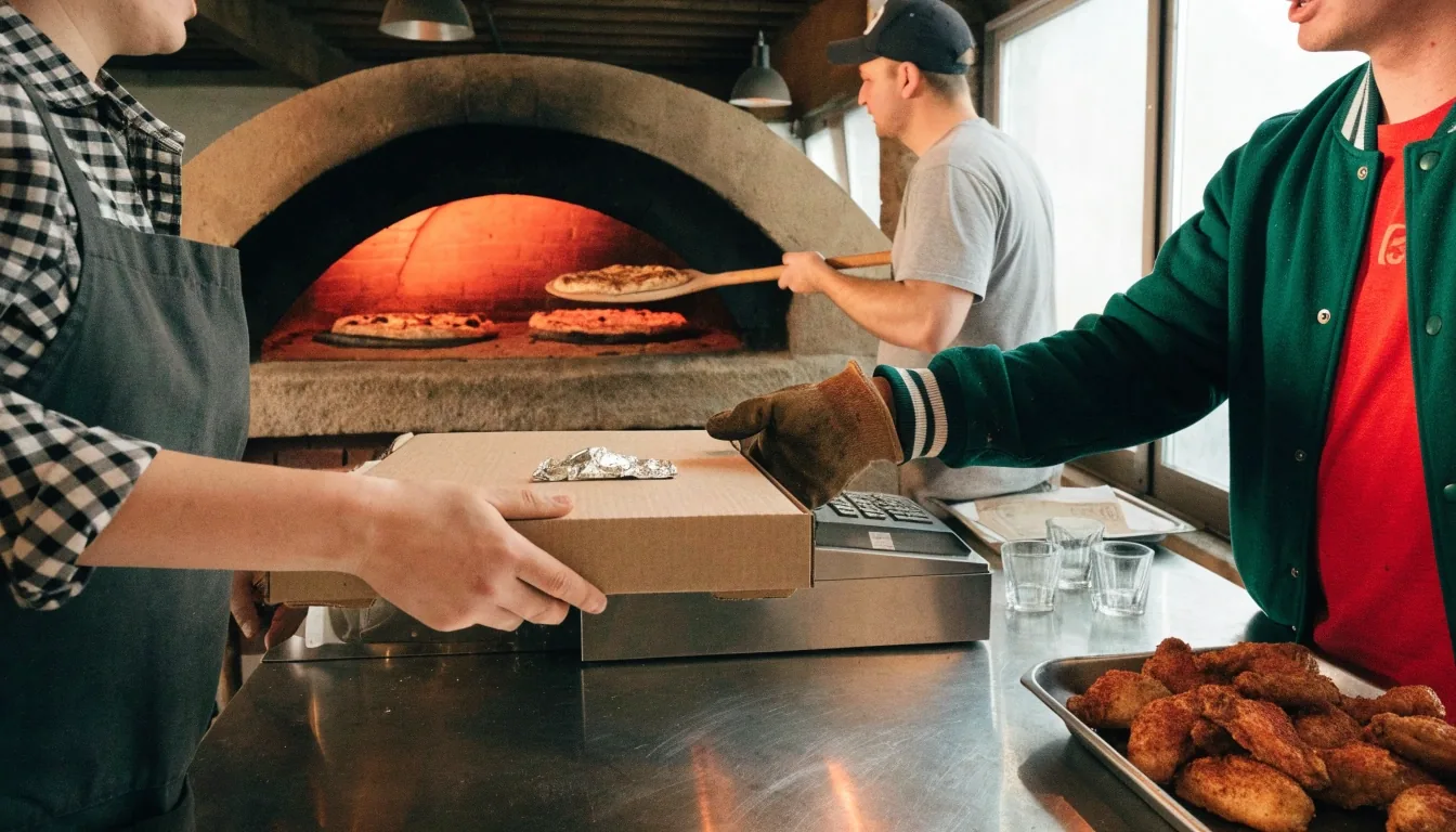 Coal-fired pizza and wings served for a family dinner