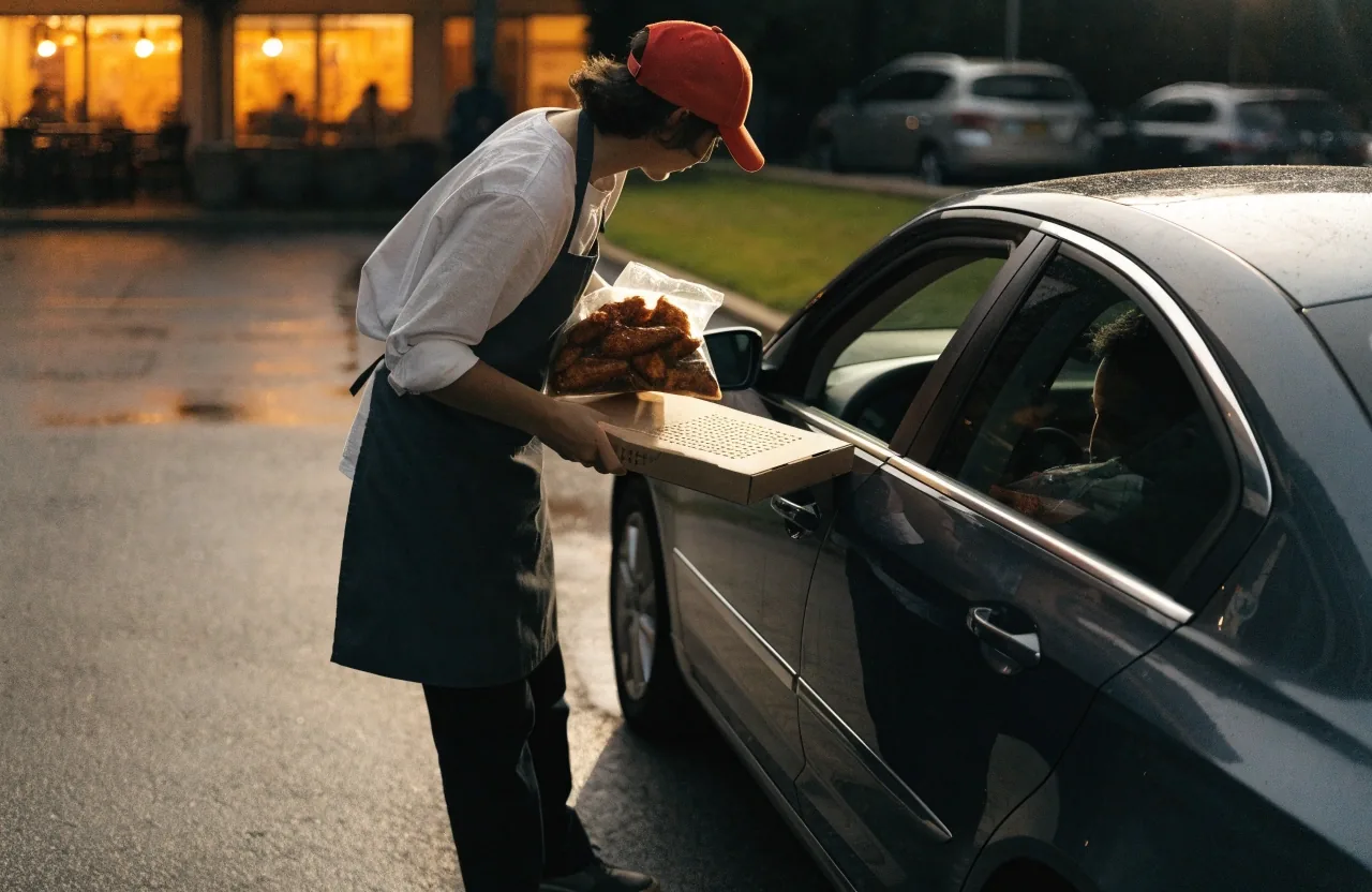 Evening parking outside a suburban pizza restaurant