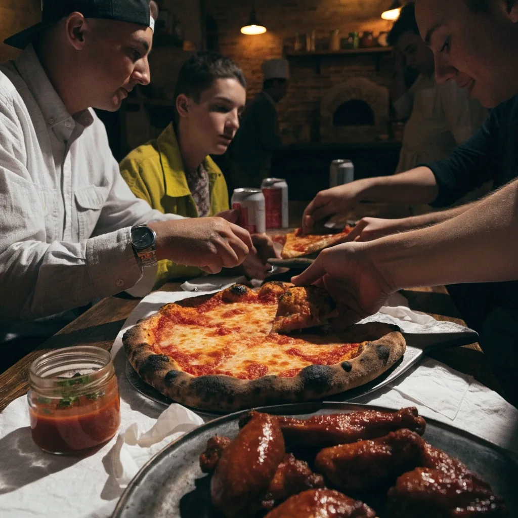 Pizzas baking inside a hot coal oven