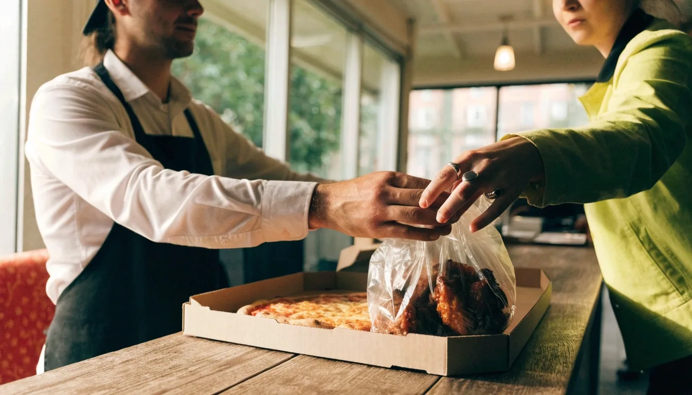Takeout pickup of pizza and wings at a Long Island counter
