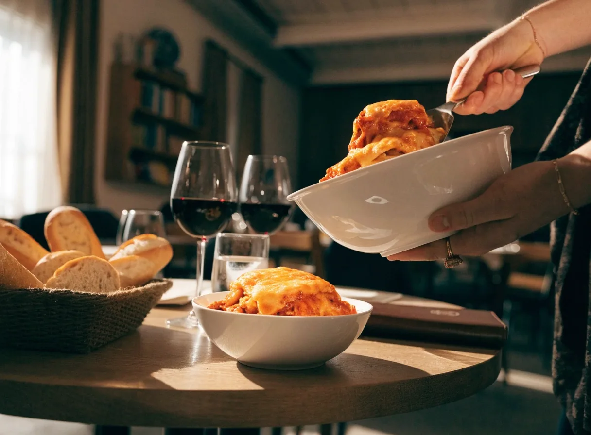 Bowl of red-sauce pasta with cheese at a restaurant table