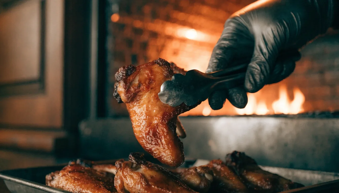 Coal-oven-roasted wings being lifted from a tray in a pizzeria kitchen