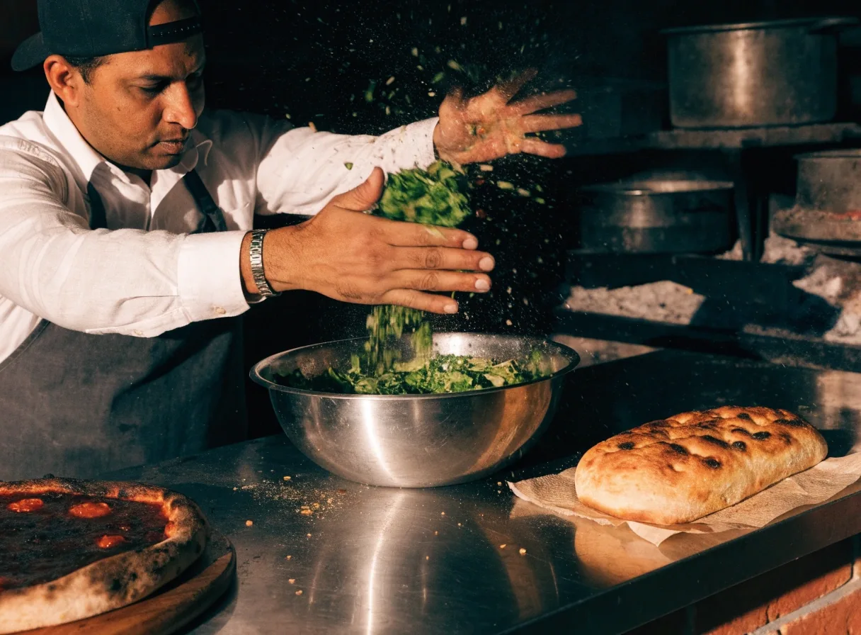 Fresh chopped salad in a bowl beside pizza slices