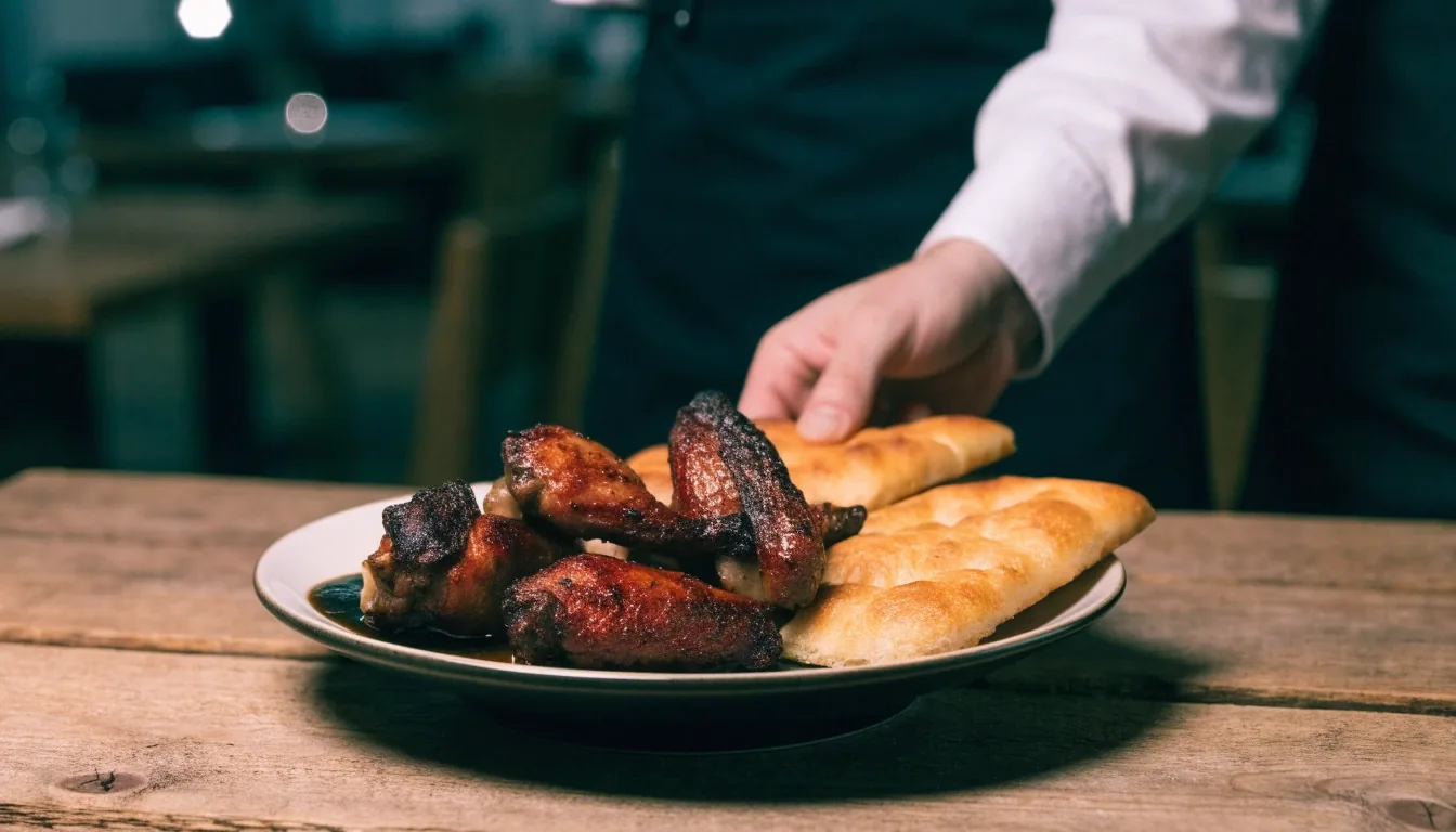 Shared plate of roasted wings with focaccia bread on a restaurant table