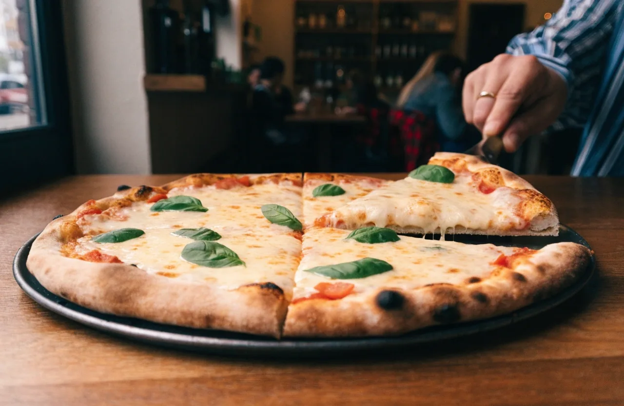 Thin-crust coal-fired pizza with charred rim on a wooden peel