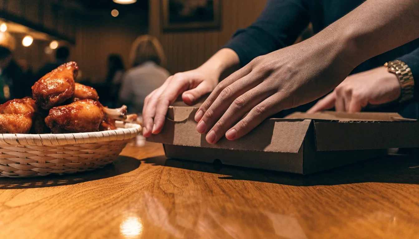 Warm pizzeria dining room with pizza box being closed at a table