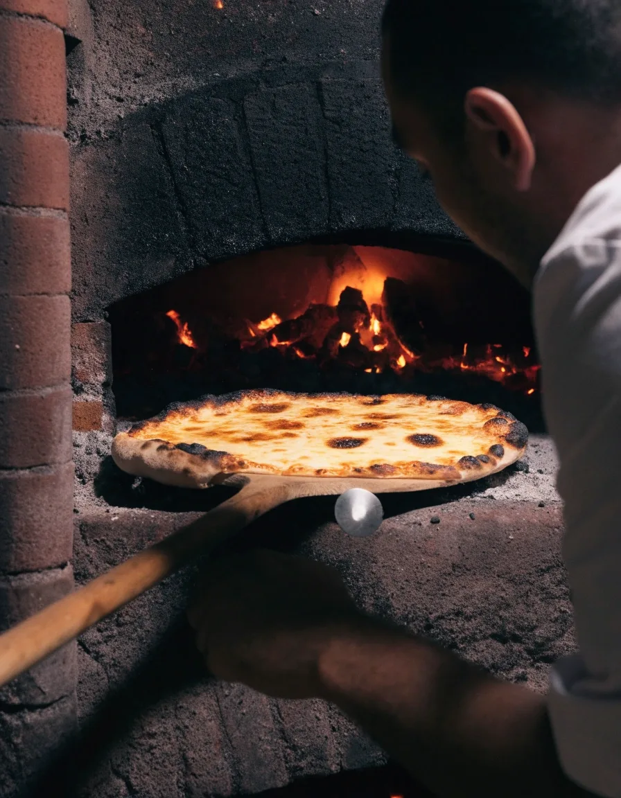 Cook sliding a pizza inside a coal oven