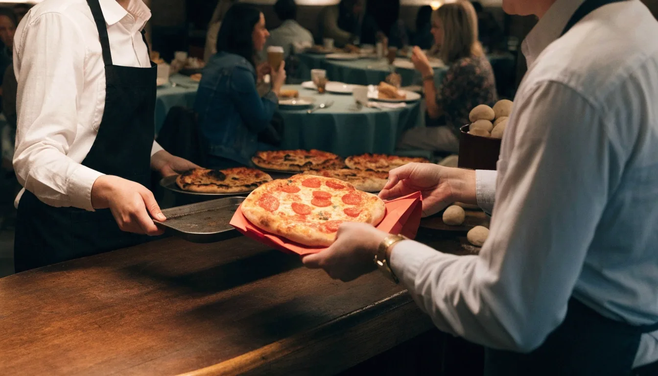 Dining room with fresh pizzas on tables