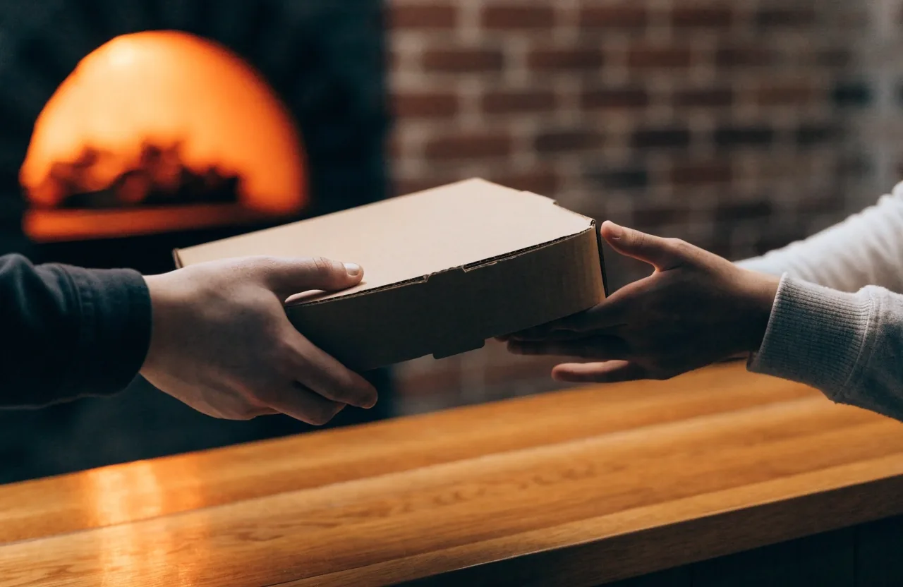 Handing a pizza box across a takeout counter