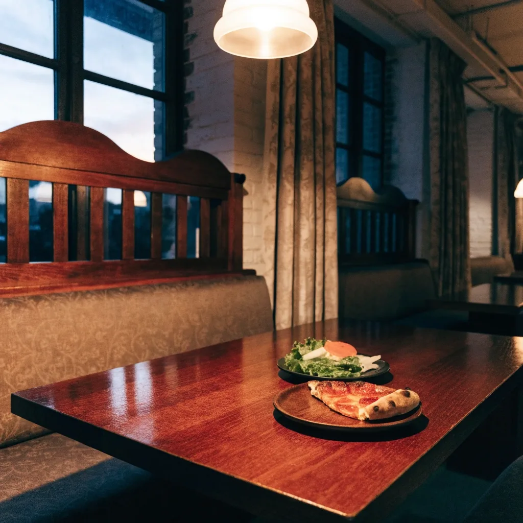 Quiet table with pizza and salad in warm light