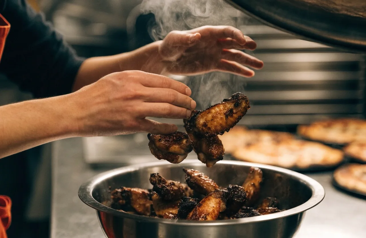 Tossing roasted chicken wings in a kitchen bowl