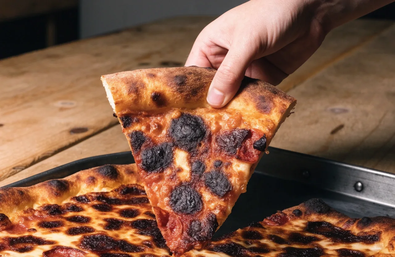 Charred crust pizza with blistered rim on a tray