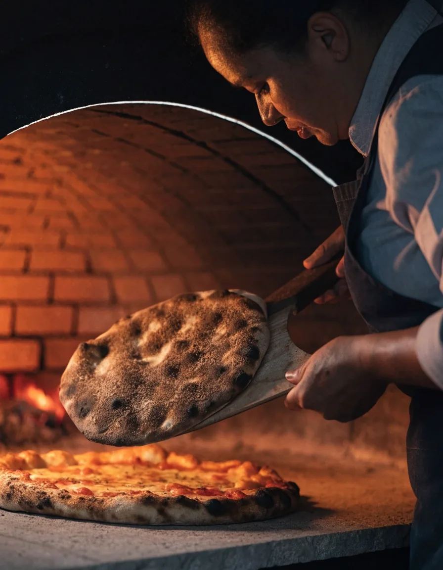 Cook pulling a pizza from the hot stone deck of a coal oven