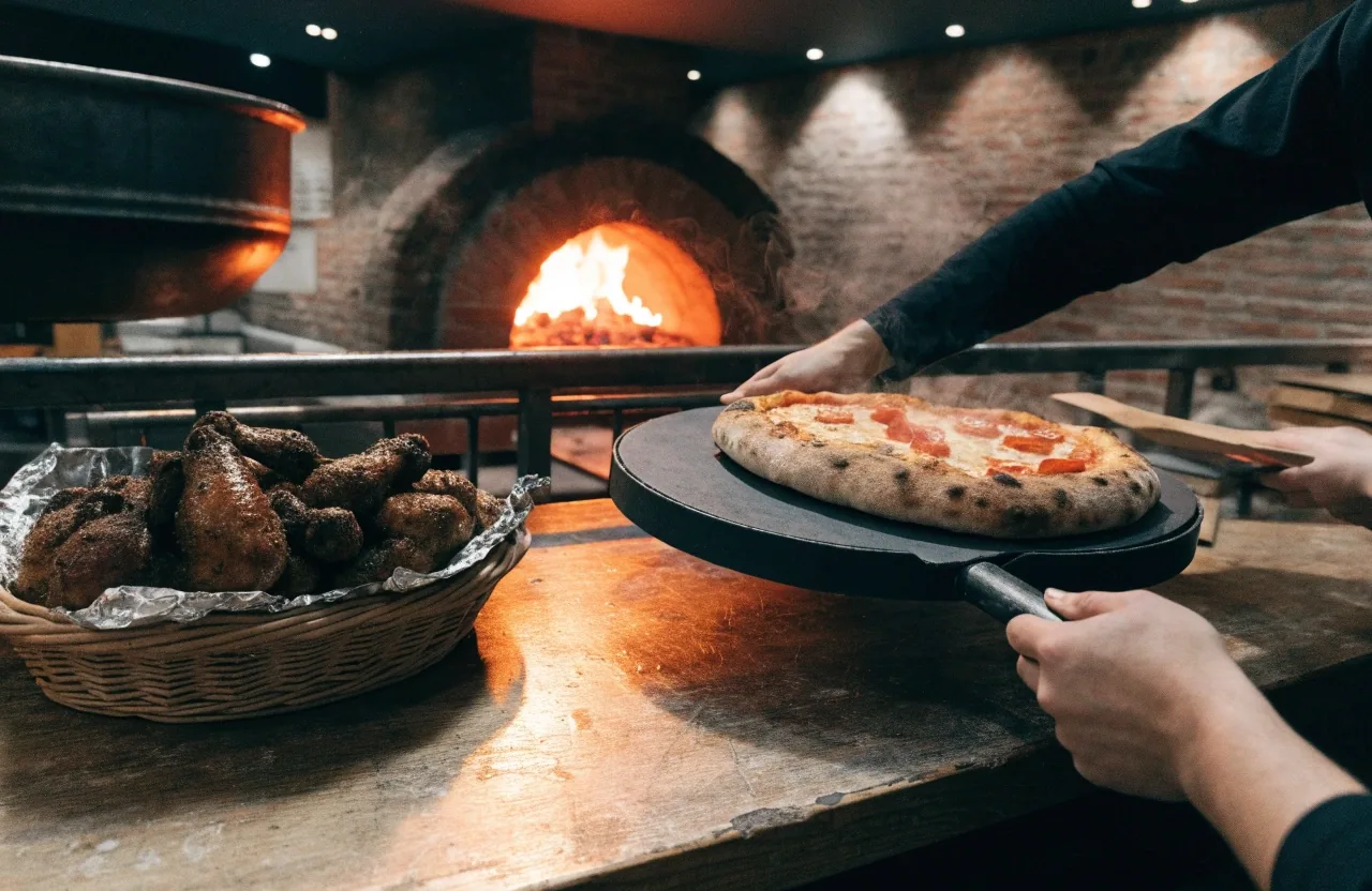 Dining room with open coal oven glow and guests sharing pizza