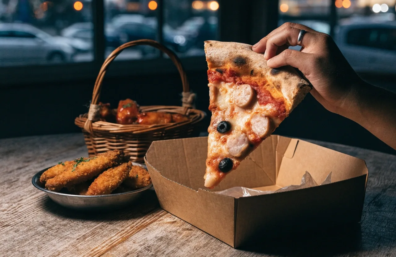 Fresh coal-fired pizza packed for takeout at dusk