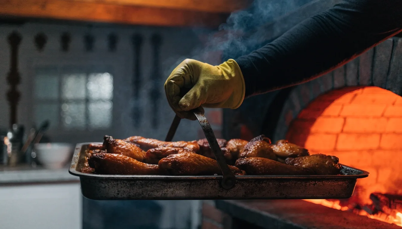 Roasted wings finished in the coal oven heat