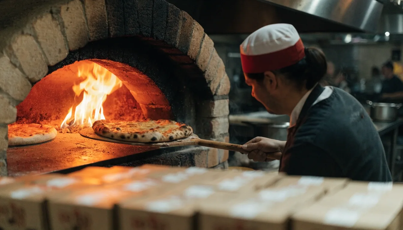 Coal oven cook sliding a pizza toward the fire before takeout packing