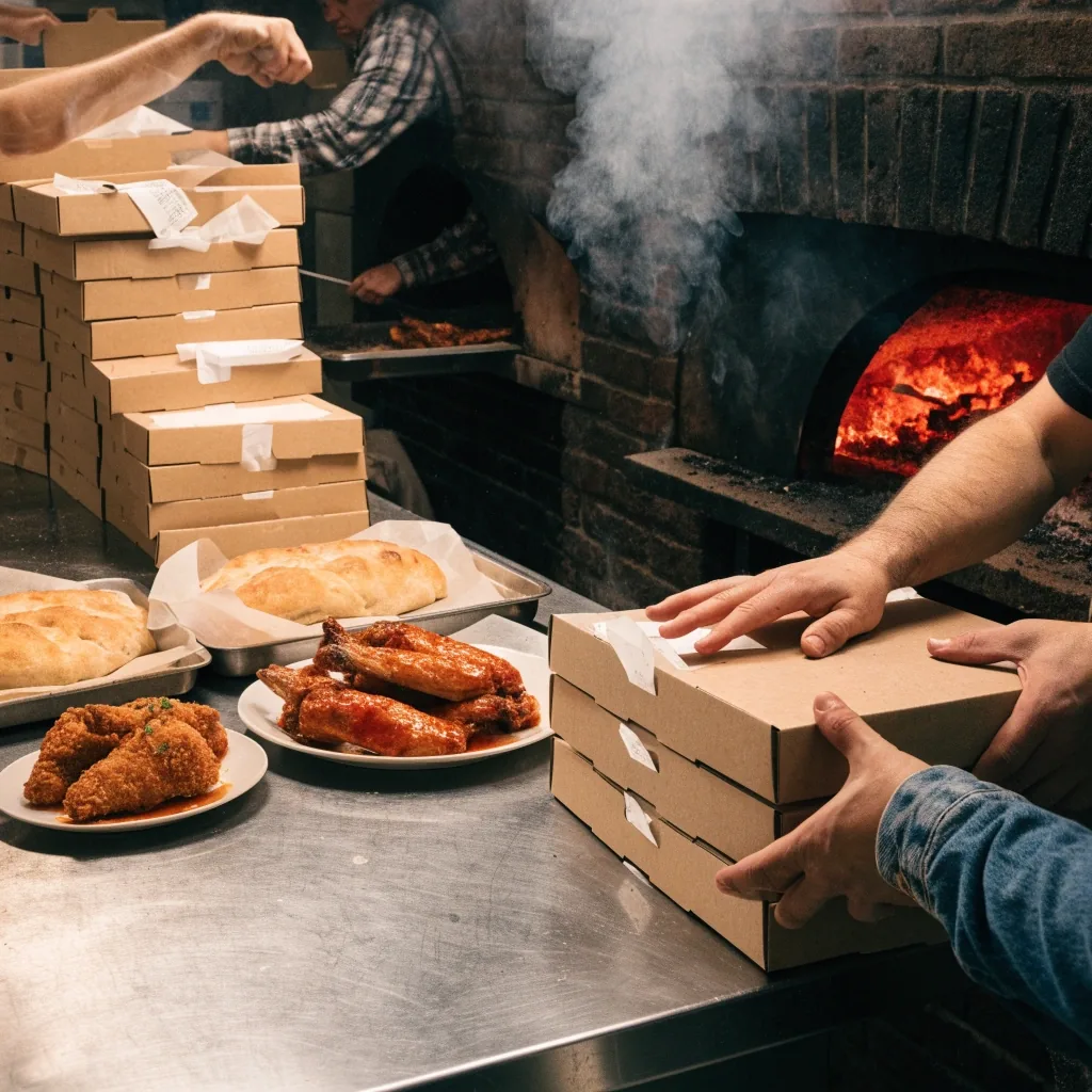 Game-day takeout spread with pizza boxes, wings and bread on a table