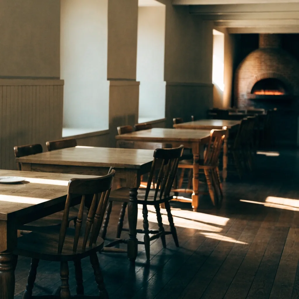 Quiet dining room of a coal fired pizza restaurant with empty tables